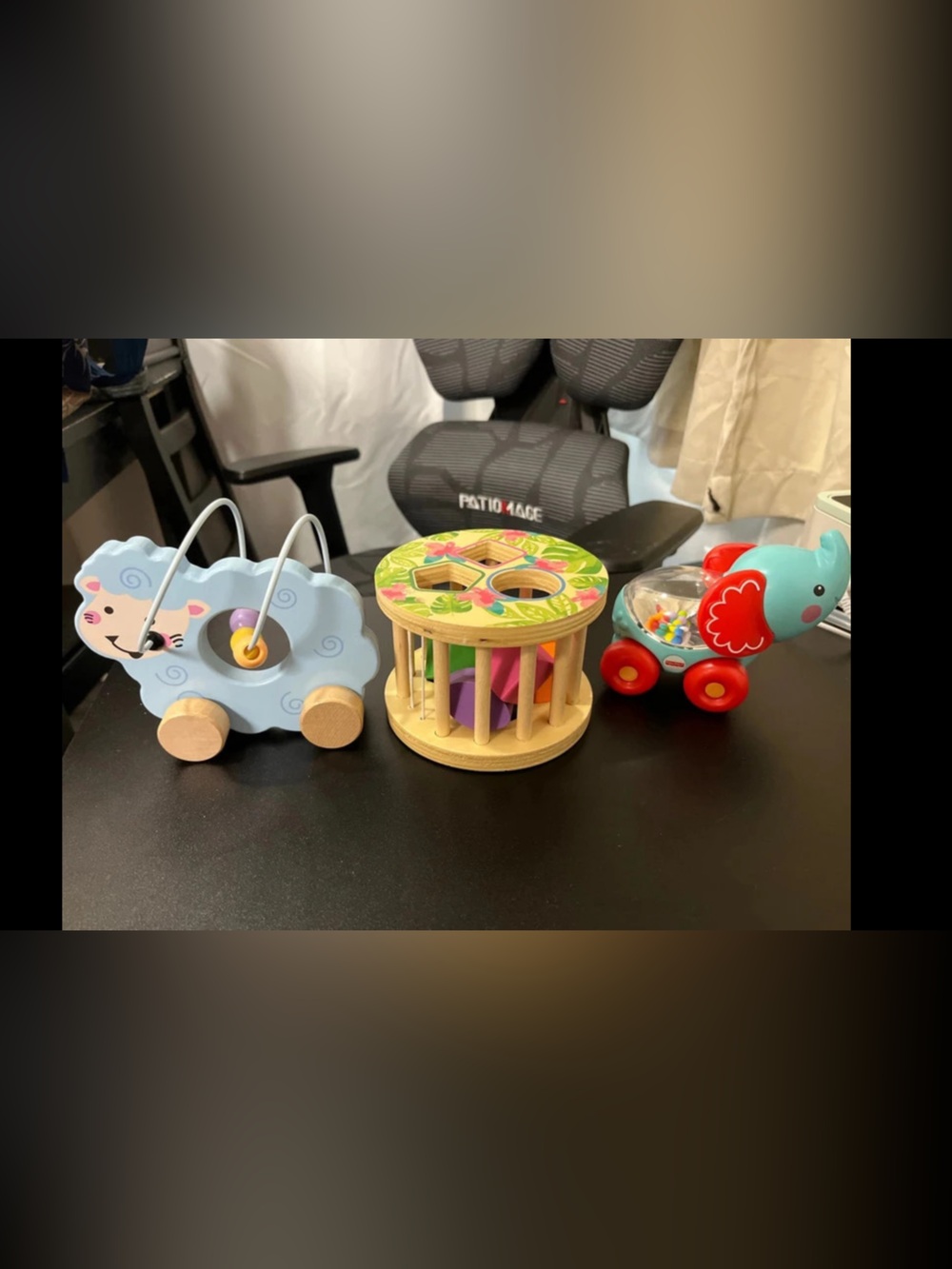 Wooden Baby Pull Toys Set - Blue Sheep, Colorful Shape Sorter, and Blue Elephant